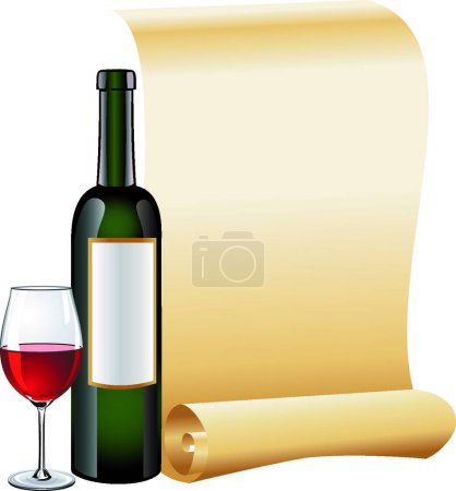 Téléchargez les illustrations : "Verre de vin rouge avec bouteille et vieux papier rouleau
" - en licence libre de droit