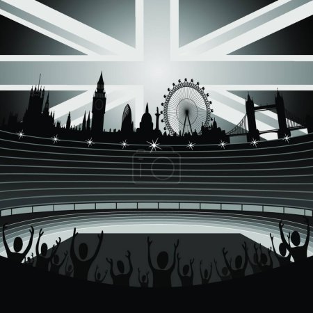 Illustration for Stadium with fans and London skyline vector illustration - Royalty Free Image