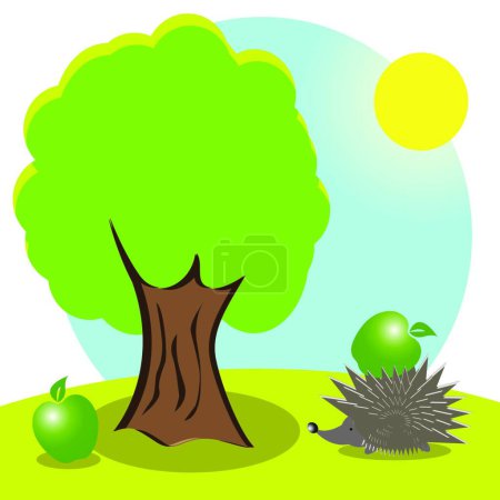 Illustration for "hedgehog and apple" colorful vector illustration - Royalty Free Image