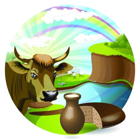Illustration for "milk and cow" colorful vector illustration - Royalty Free Image