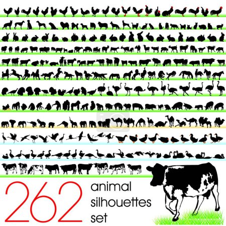 Téléchargez les illustrations : Lot de 262 silhouettes d'animaux illustration vectorielle - en licence libre de droit