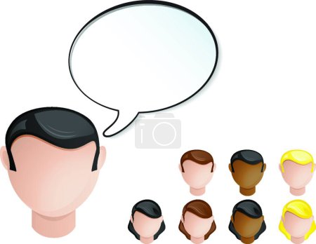 Ilustración de "People Heads Speech Bubble. Conjunto de 4 colores de pelo y piel" - Imagen libre de derechos