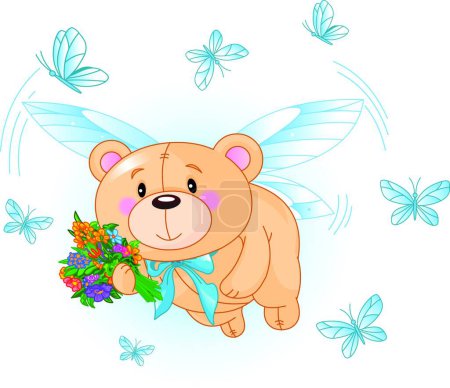 Téléchargez les illustrations : Ours en peluche volant avec des fleurs - en licence libre de droit