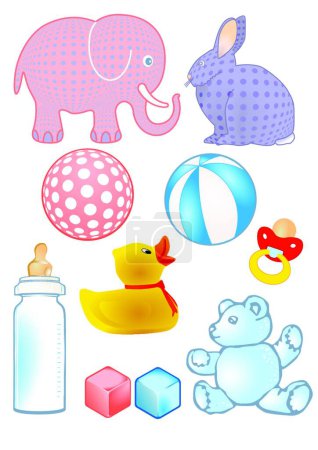 Ilustración de Juguetes para bebés y biberón - Imagen libre de derechos