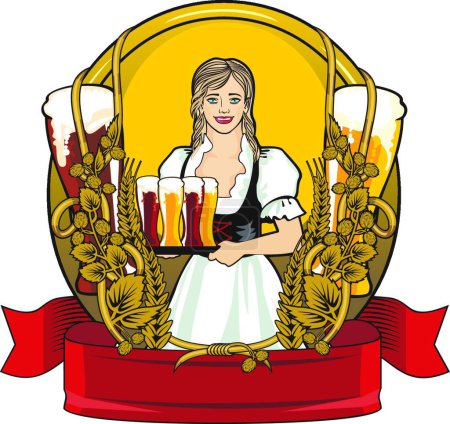 Ilustración de Festival de la cerveza, hermosa camarera, etiqueta - Imagen libre de derechos