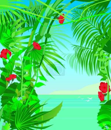 Téléchargez les illustrations : Mer tropique, plantes tropicales, illustration vectorielle graphique - en licence libre de droit