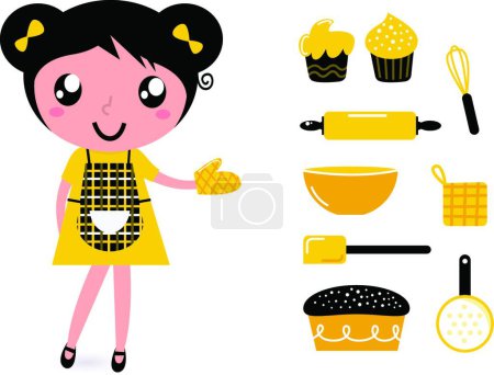 Téléchargez les illustrations : Jolie fille de cuisine avec accessoires isolés sur blanc - en licence libre de droit
