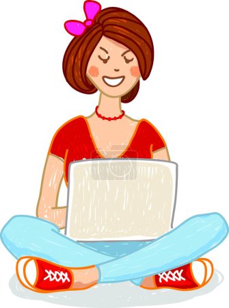 Ilustración de Hermosa chica usando el ordenador portátil, ilustración vectorial gráfica - Imagen libre de derechos