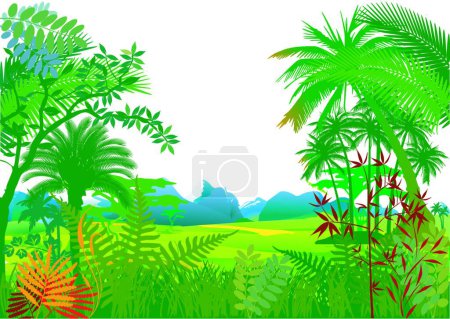 Téléchargez les illustrations : Jungle avec palmiers, illustration vectorielle graphique - en licence libre de droit