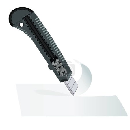 Téléchargez les illustrations : "Couteau en plastique pour couper la feuille de papier de papier blanc
." - en licence libre de droit
