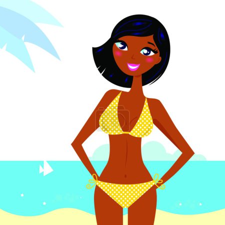 Illustration for Young beautiful woman posing on the beach, graphic vector illustration - Royalty Free Image