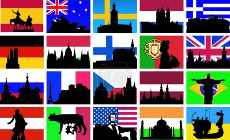 Téléchargez les illustrations : Ensemble de silhouettes de monuments avec drapeaux - en licence libre de droit