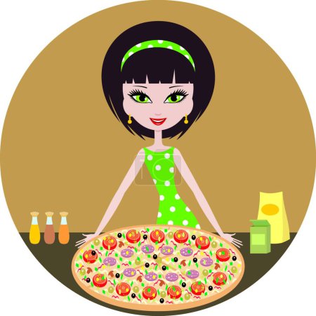 Téléchargez les illustrations : Fille avec illustration vectorielle de pizza - en licence libre de droit
