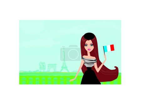 Téléchargez les illustrations : Belles femmes Shopping à Paris, fond vectoriel graphique - en licence libre de droit