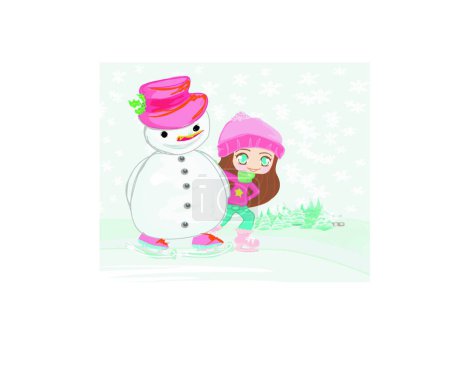 Téléchargez les illustrations : Fille et bonhomme de neige sur une patinoire, fond vectoriel graphique - en licence libre de droit