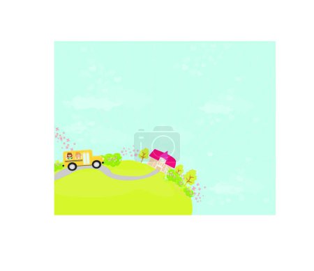 Illustration for School bus heading to school with happy children, graphic vector background - Royalty Free Image