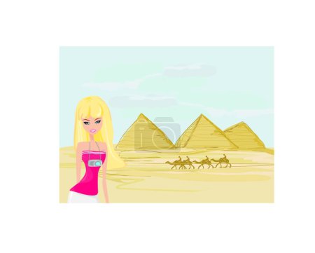 Illustration for Woman on background the pyramids in Giza built for the pharaoh, graphic vector background - Royalty Free Image