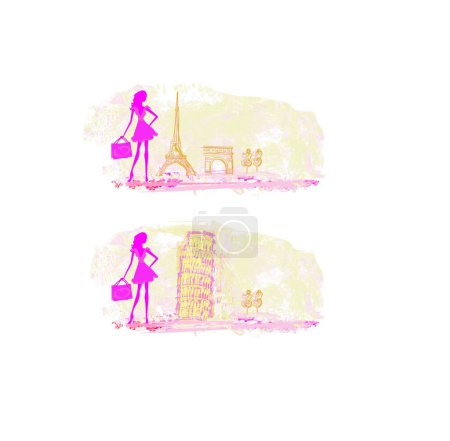 Illustration for Beautiful women Shopping in France and Italy, graphic vector background - Royalty Free Image