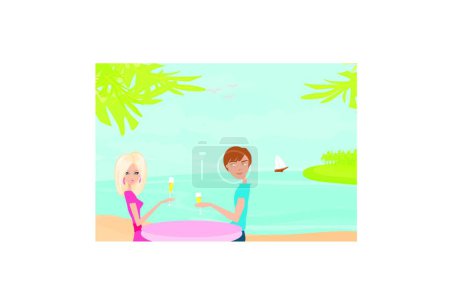 Téléchargez les illustrations : Joyeux jeune couple sur une plage tropicale, fond vectoriel graphique - en licence libre de droit
