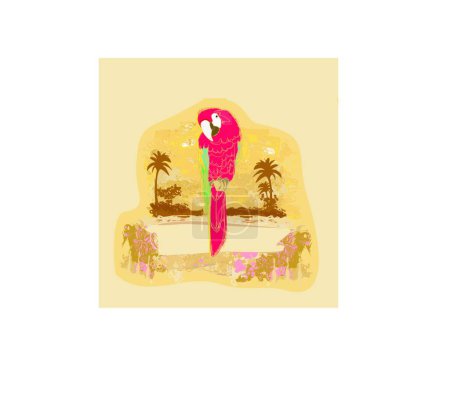 Téléchargez les illustrations : Oiseau perroquet coloré assis sur la perche sur la plage, fond vectoriel graphique - en licence libre de droit