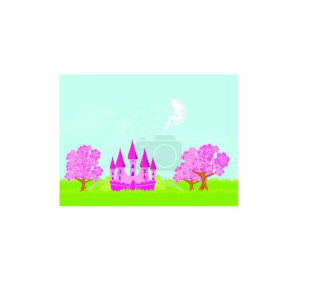 Illustration for Fairy flying above castle, graphic vector background - Royalty Free Image