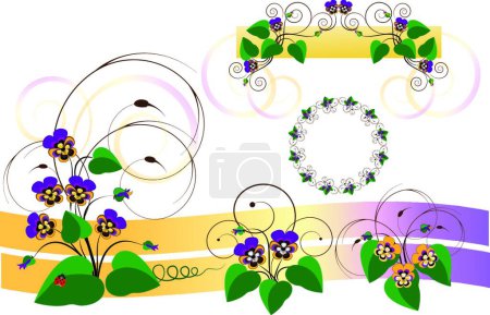 Illustration for Design parts with bouquets of violets-pansy, graphic vector background - Royalty Free Image