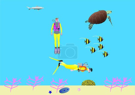 Téléchargez les illustrations : Femmes Plongeurs sur un récif corallien, fond vectoriel graphique - en licence libre de droit