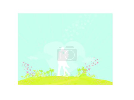 Illustration for Silhouette couple on tropical beach, graphic vector background - Royalty Free Image