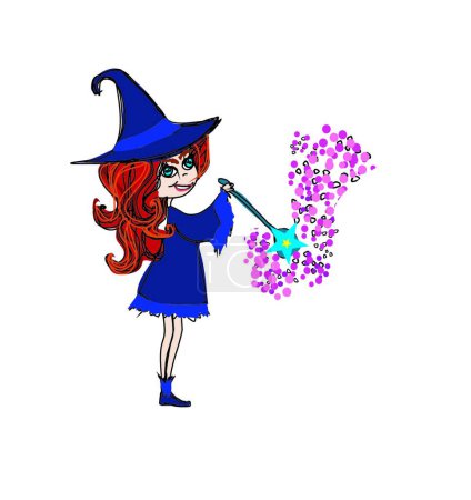 Téléchargez les illustrations : Petite sorcière avec baguette magique, fond vectoriel graphique - en licence libre de droit