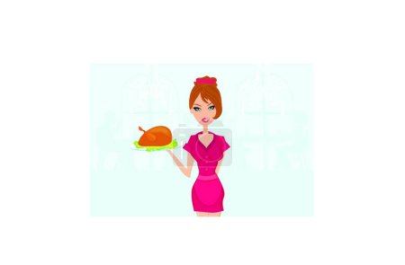 Illustration for Beautiful Waitress serving a turkey, graphic vector background - Royalty Free Image