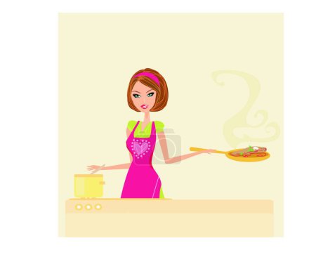 Téléchargez les illustrations : Belle cuisine de femme au foyer à la maison - en licence libre de droit