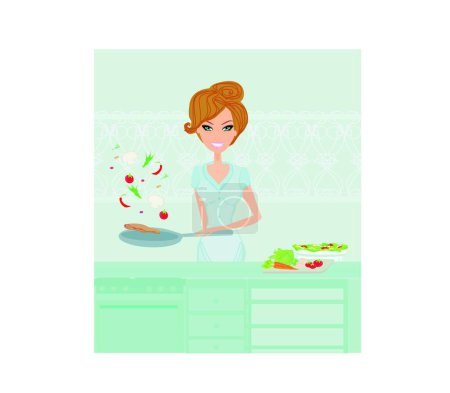 Téléchargez les illustrations : Belle dame cuisine à la maison - en licence libre de droit