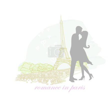 Ilustración de Pareja romántica en París besándose cerca de la Torre Eiffel Tarjeta retro - Imagen libre de derechos