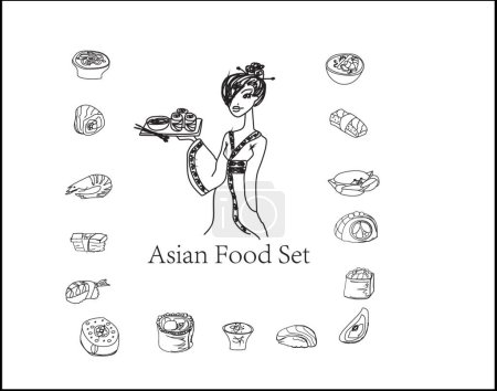 Téléchargez les illustrations : Set de doodle Sushi, illustration vectorielle - en licence libre de droit