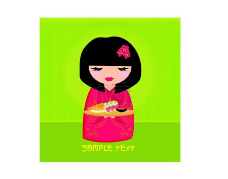 Téléchargez les illustrations : Doux asiatique fille profiter sushi - en licence libre de droit