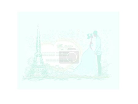 Ilustración de Pareja romántica en París besándose cerca de la Torre Eiffel. Tarjeta retro - Imagen libre de derechos