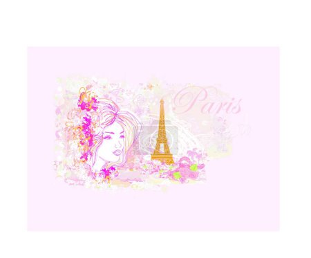 Illustration for Beautiful women face in Paris - vector card - Royalty Free Image
