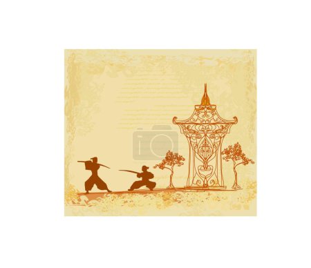 Illustration for Old paper with Samurai silhouettes - Royalty Free Image