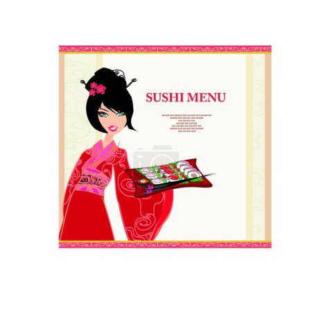 Illustration for Beautiful Asian girl enjoy sushi - menu template - Royalty Free Image