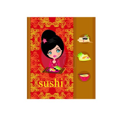Téléchargez les illustrations : Belle fille asiatique profiter de sushi - modèle de menu - en licence libre de droit