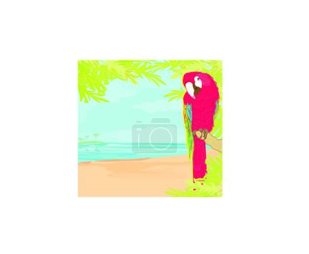 Illustration for Colorful parrot bird sitting on the perch on the beach - Royalty Free Image