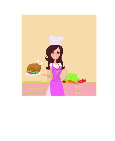 Téléchargez les illustrations : Femme au foyer servant un poulet et une salade - en licence libre de droit