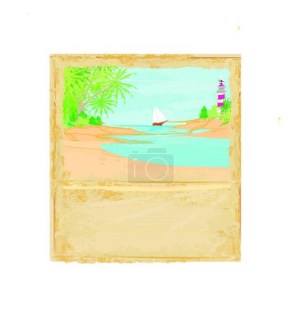 Illustration for Lighthouse seen from a tiny beach - Grunge card - Royalty Free Image