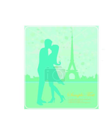 Téléchargez les illustrations : Couple romantique à Paris s'embrassant près de la Tour Eiffel Carte rétro - en licence libre de droit
