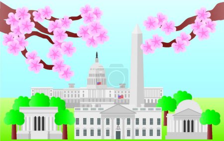 Téléchargez les illustrations : Washington DC Points de repère avec la fleur de cerisier - en licence libre de droit