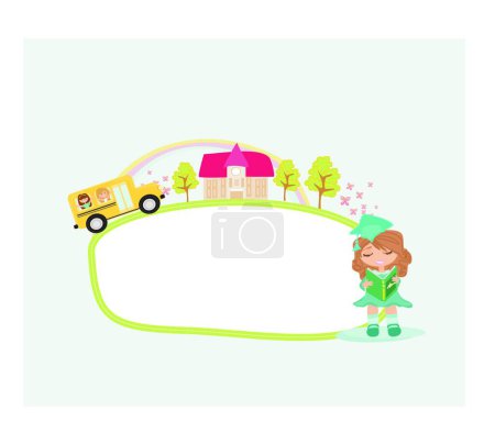 Téléchargez les illustrations : Autobus scolaire se dirigeant vers l'école avec des enfants heureux - en licence libre de droit