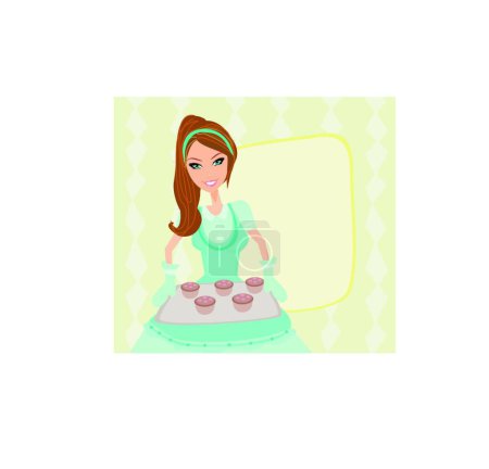 Téléchargez les illustrations : Femme au foyer servant des cookies, fond vectoriel graphique - en licence libre de droit