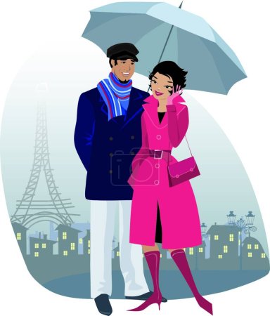 Téléchargez les illustrations : Couple avec parapluie, illustration vectorielle graphique - en licence libre de droit