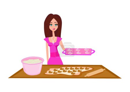 Téléchargez les illustrations : Belle femme au foyer cuisine illustration vectorielle moderne - en licence libre de droit