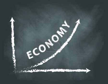 Illustration for Chalkboard with graph and text of economy in positive direction - Royalty Free Image